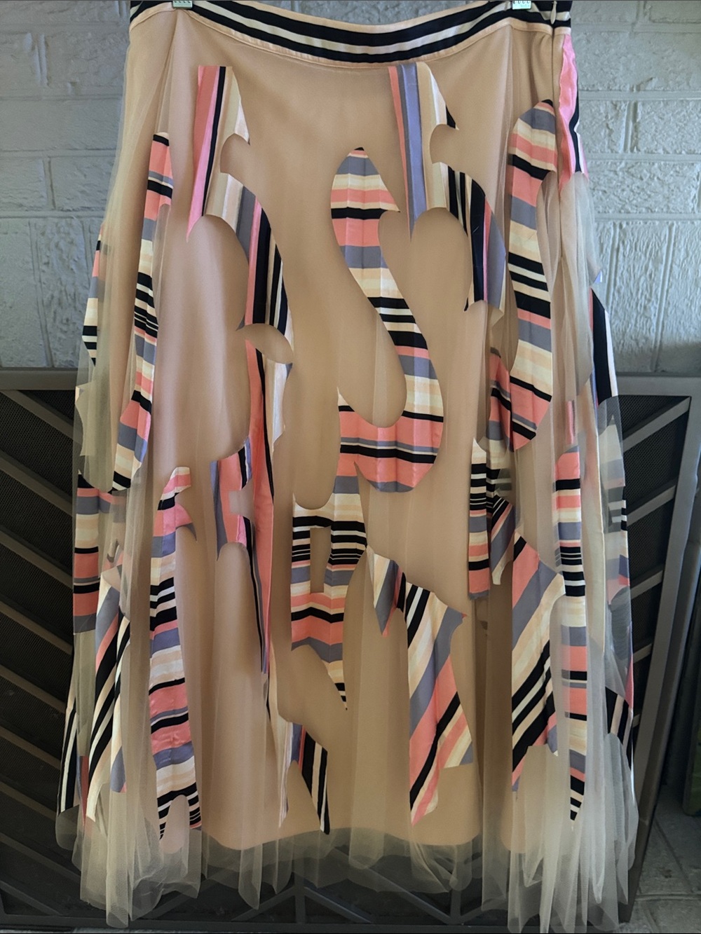 Anthropologie Striped Appliqué Tulle Midi Skirt in Nude, Pink, Black, White